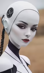 the robot woman has eyes wide open and is white