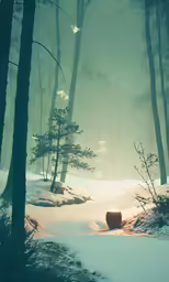 an image of a snowy forest scene with sunlight