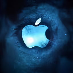 an apple logo reflected in an iris