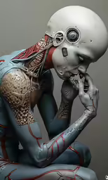 a skeleton man with medical art and an image of a woman