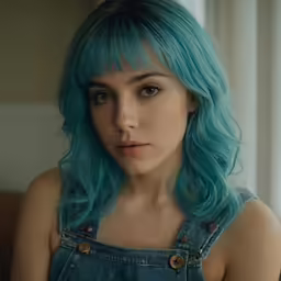 a girl with blue hair looks down and to her left
