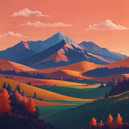 a painting shows a scenic mountain landscape at sunset,an illustration of an image of a mountain range