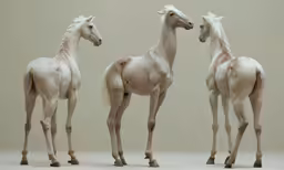 three white horses standing in the middle of a room