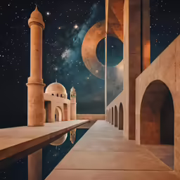 there are arches that go over the water that lead to the building