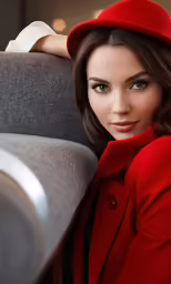 a woman wearing a red coat and hat poses with a gray couch
