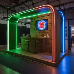 a small wood booth with neon lights on it