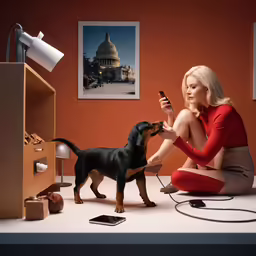 a lady is sitting on the floor holding a smart phone while petting a dog