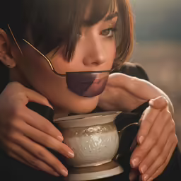 the woman has her nose on a tea cup