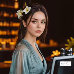 a woman wearing a flower in her hair is holding an electronic device