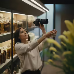 a woman looking at the glass cases in the store