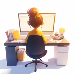a computer desk with a doll in front of it