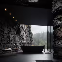 a long stone wall behind a round black bath tub
