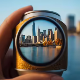 an image of a city taken from the front of a binoculars lens