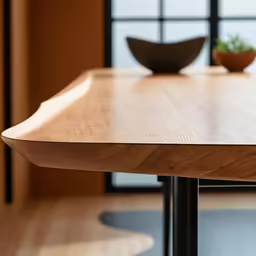 the table is made of wood, and has an oval shaped wooden bowl on top