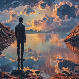 man looking at the beautiful landscape at dusk