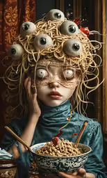 the face and hands are splattered with noodles