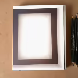 a white square with brown edges and some black pens