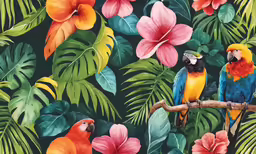 colorful tropical scene with large and small parrots