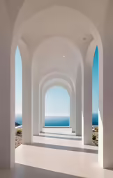 an empty white outdoor walkway leading to the ocean
