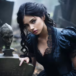 a woman in a black dress is next to a gravestone,young lady poses with an ancient tombstone