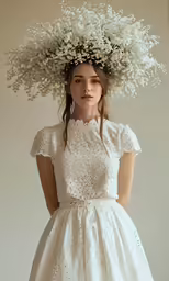 a young woman is dressed in a short dress and a wreath