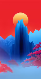 this painting shows an surreal mountain landscape with a sun setting