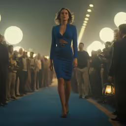 model walking down blue carpeted runway with people around