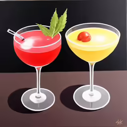 a couple of glasses filled with different types of drinks