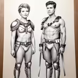 two people wearing armor and helmets with sword