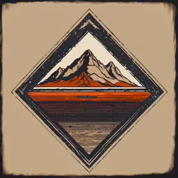 an artistic artwork shows a mountain range as a lake,a square frame with an image of mountains and water