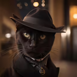 a black cat wearing a hat and tie