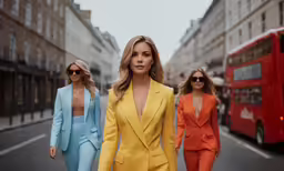 three women in suits are walking along a city street