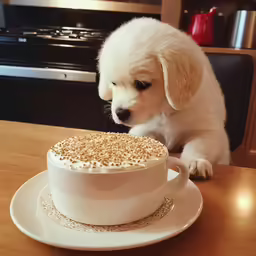 a dog sitting on a table next to a cup filled with chocolate