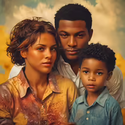 two adults and a child are standing in front of a photo