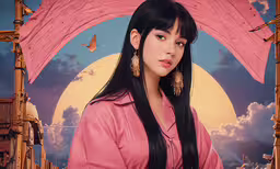 an oriental girl with a pink dress posing for a portrait,a digital portrait of an asian woman with black hair and butterfly earrings