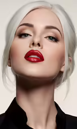 blonde hair woman with red lipstick wearing black shirt and looking upward