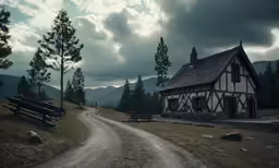 a road is between a house and mountains