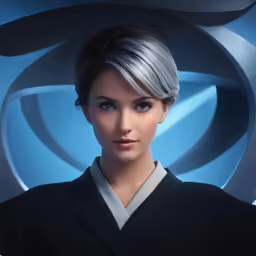 a woman with a shaved grey hair and a star trek outfit