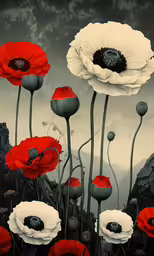 a painting of white and red flowers
