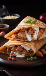 two burritos stacked on top of each other with almonds next to it