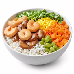 a salad with carrots, peas and fried shrimp