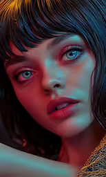a woman with blue eyes and hair has a red glow