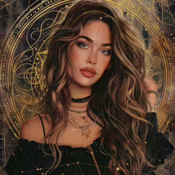 an oil painting of a woman with long brown hair wearing a black top,a beautiful girl with long brown hair and a gold necklace