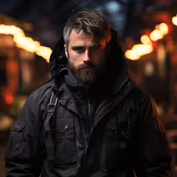 bearded man in black coat looking at camera,man wearing hooded black jacket walking at night