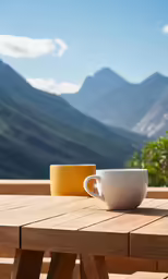 a coffee cup sitting on a wooden table in the mountains