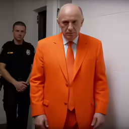 man in orange suit next to police officers