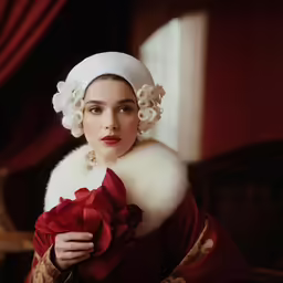 a woman in red, wearing a large white flower, fur stole, and a fur collar