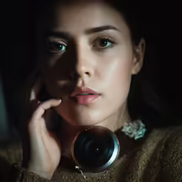 a close up of a person wearing a necklace and holding a camera