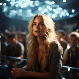 a blonde woman sitting in front of a group of people,a woman sitting in front of a crowd at an event