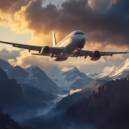 a large plane flying over a mountain range